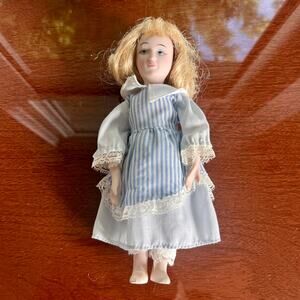 Vintage Porcelain Doll in Blue and White Dress – 8” Tall